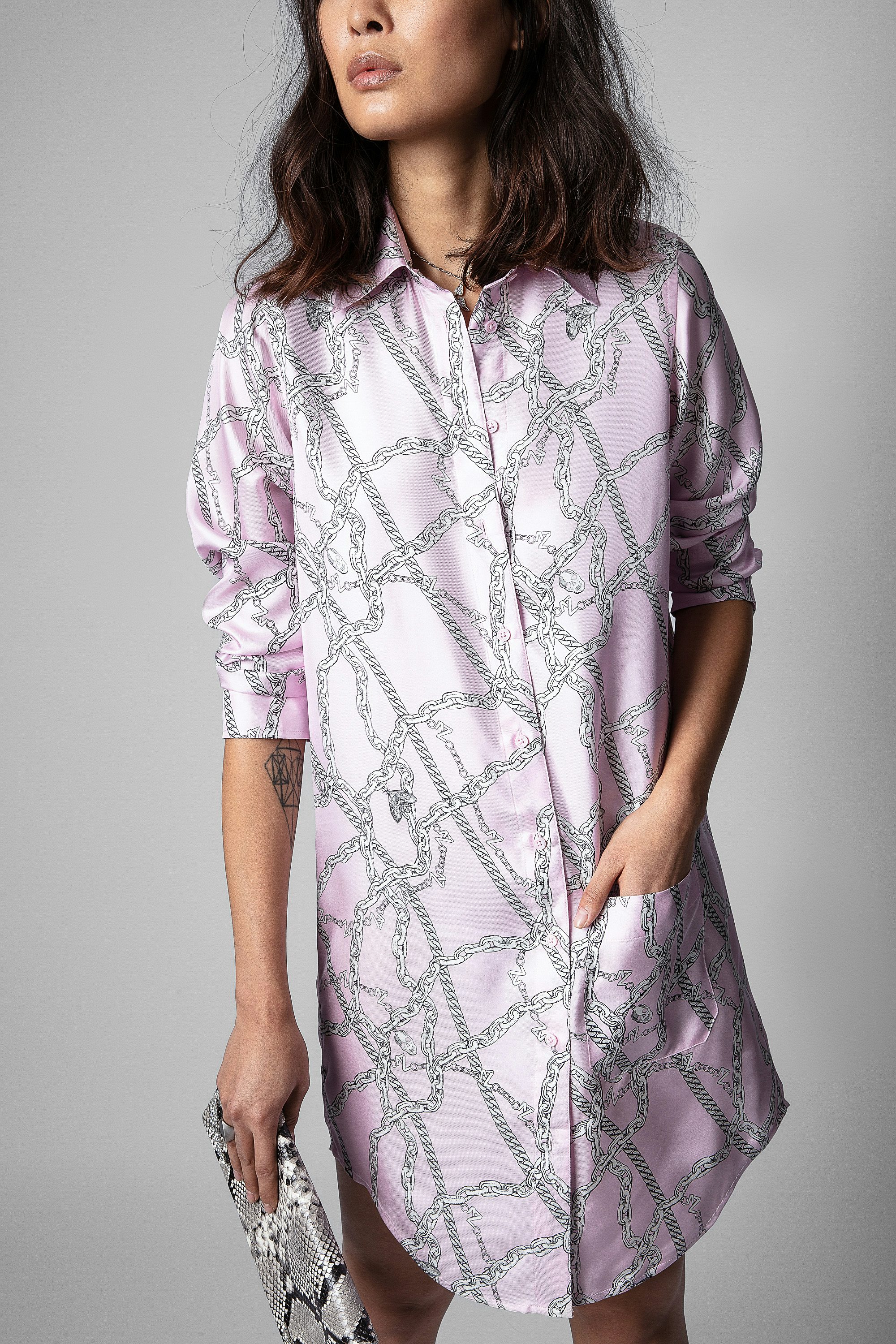 Rais Dress Silk - Women's pink shirt dress with chain pattern